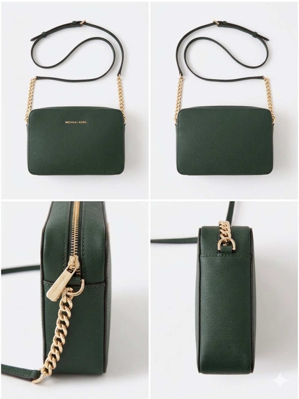Michael Kors Dark Green Saffiano Crossbody with Gold Chain